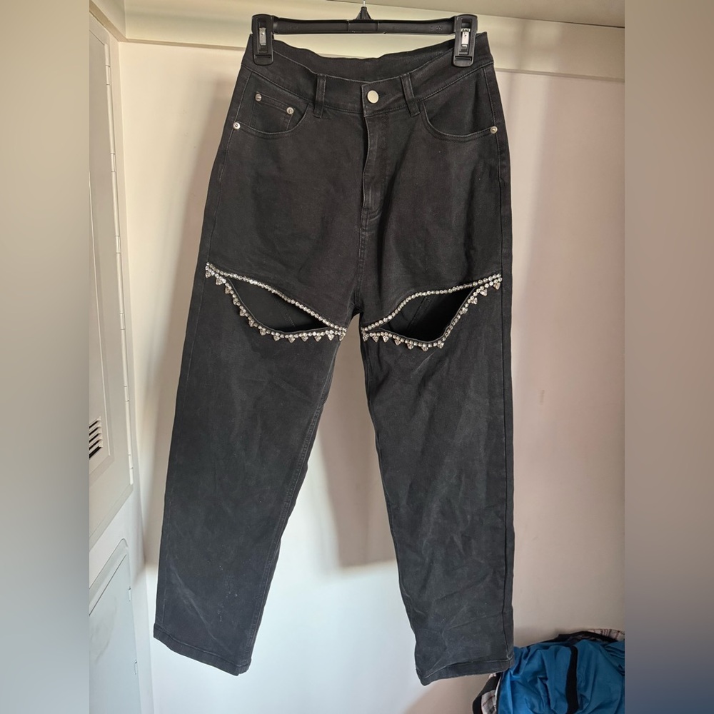 Black Rhinestone Cutout Jeans – Wide Leg, Statement Denim (Size M)